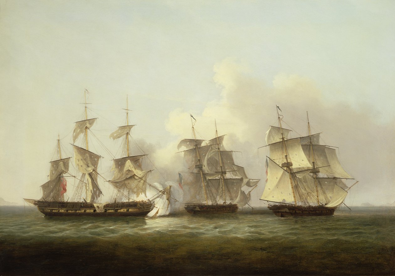 HMS Gore w akcji z francuskimi brygami Palinure i Pilade (patrz także 197355) autorstwa Thomas Luny