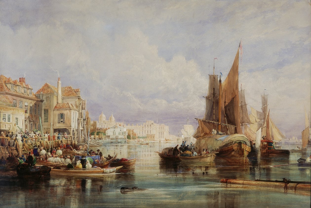 Scena w Greenwich nad Tamizą rankiem w sobotę 10 sierpnia, w dniu, w którym Jego Najłaskawsza Wysokość Jerzy Czwarty wyruszył do Szkocji autorstwa Thomas Miles Richardson