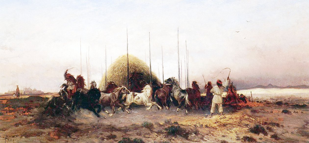 Młócenie pszenicy, Nowy Meksyk, ok. 1883 r. autorstwa Thomas Moran