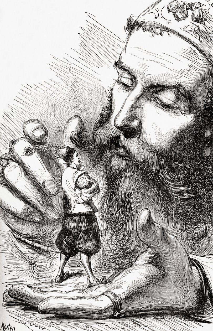 Mój mały przyjacielu Grildrig, stworzyłeś bardzo godny podziwu panegiryk na temat swojego kraju, ilustracja z "Podróży Guliwera", opublikowana ok. 1875 r. autorstwa Thomas Morten