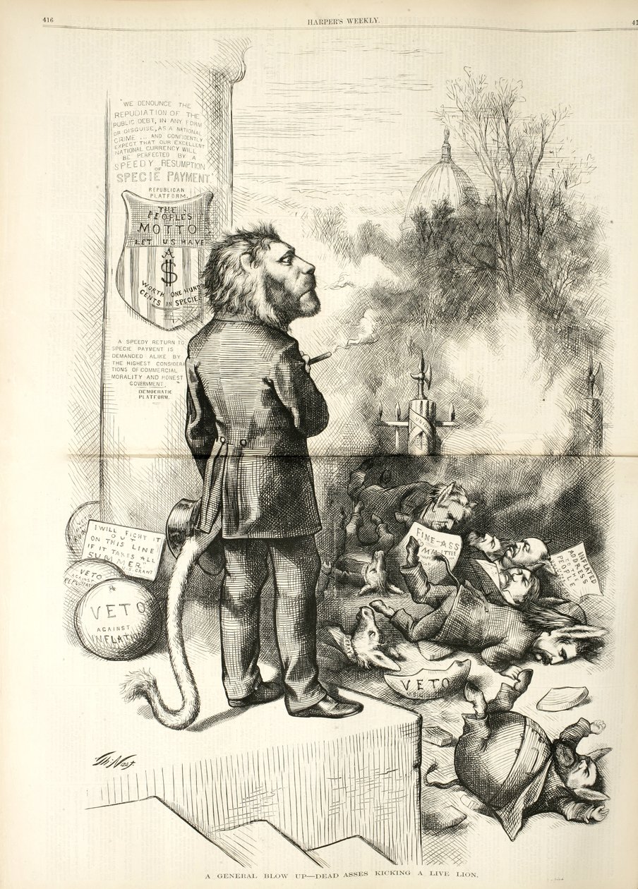 Generalny wybuch - martwe dupy kopią żywego lwa, 1874 (drzeworyt) autorstwa Thomas Nast