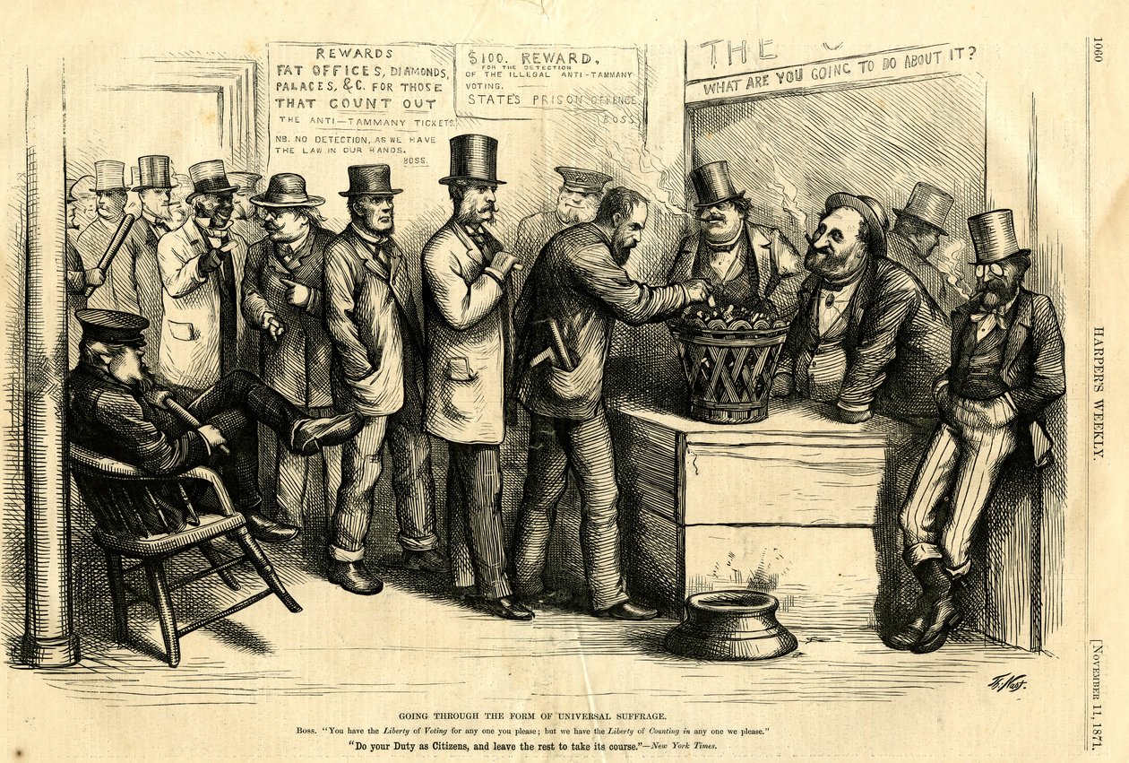 Przechodzenie przez formę powszechnego prawa wyborczego, 1871 (drewno) autorstwa Thomas Nast