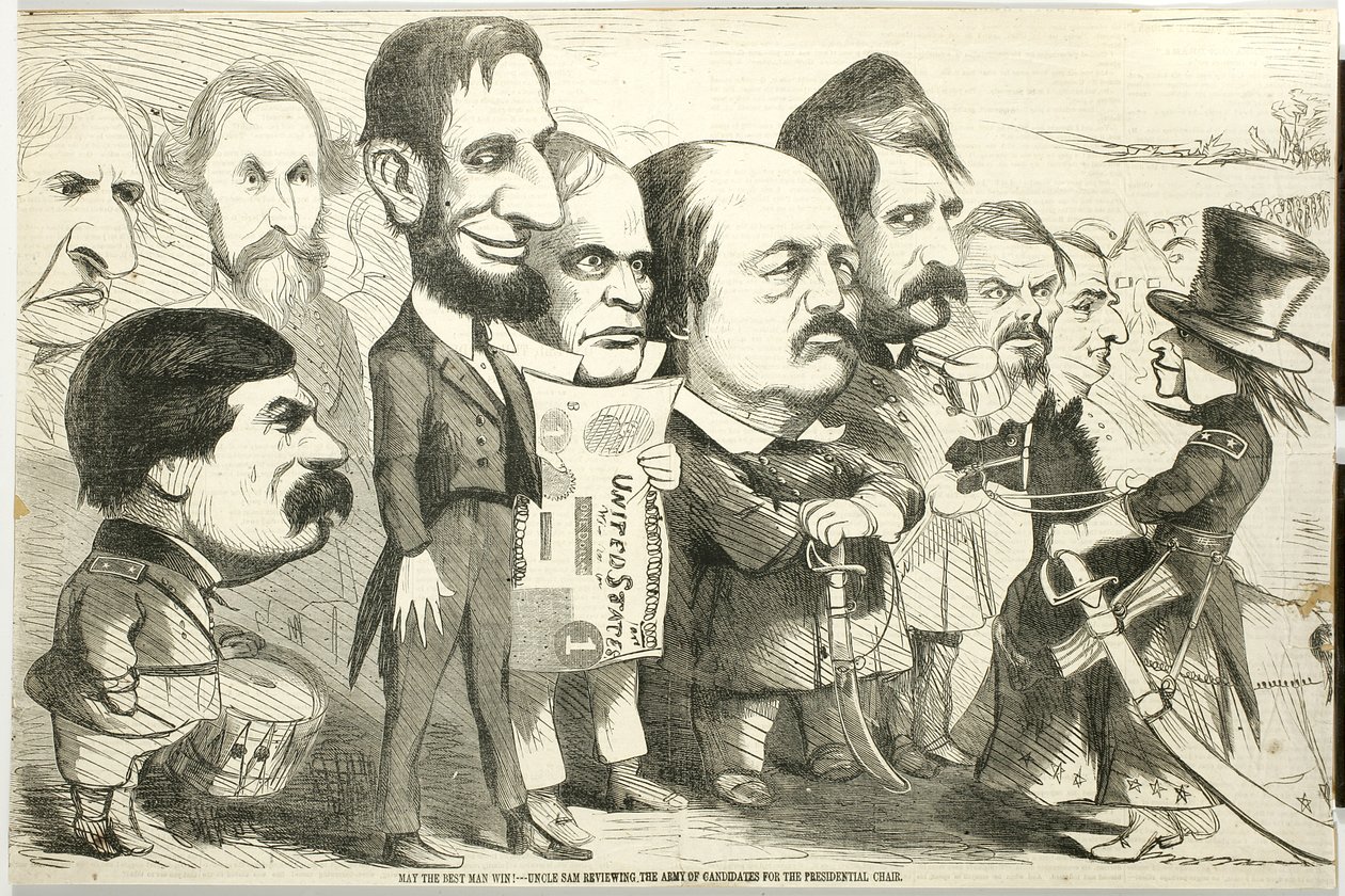 Niech wygra drużba! Wujek Sam przegląda armię kandydatów, 1864 (drewno) autorstwa Thomas Nast