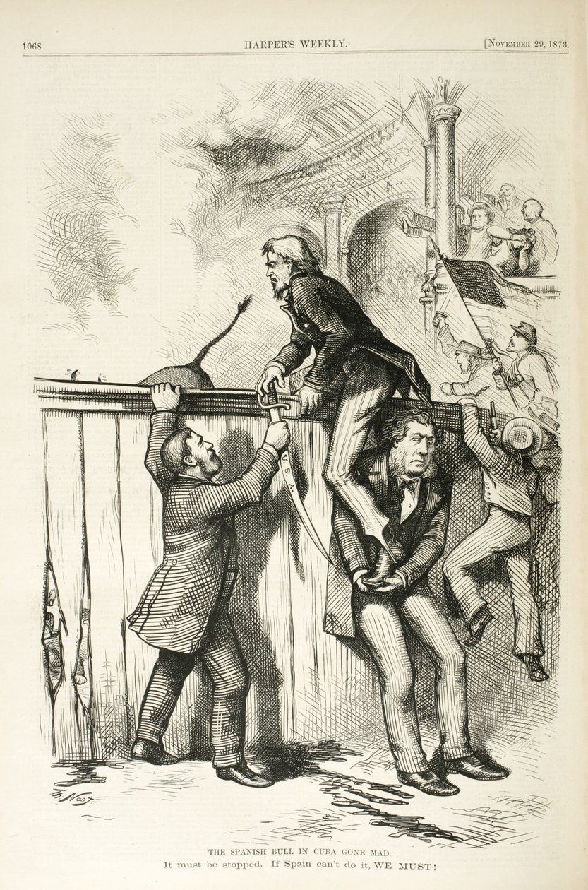 Hiszpański byk na Kubie w obłęd, 1873 (drewno) autorstwa Thomas Nast