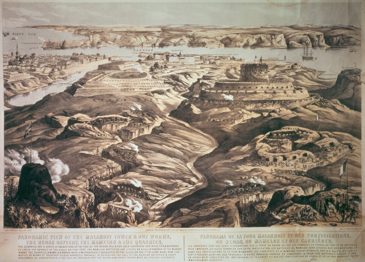 Panoramiczny widok na Wieżę Malakoff i Out Works, Baterię Redan, Mamelon i Kamieniołomy, wyd. 1855 przez Stannarda i Dixona autorstwa Thomas Packer