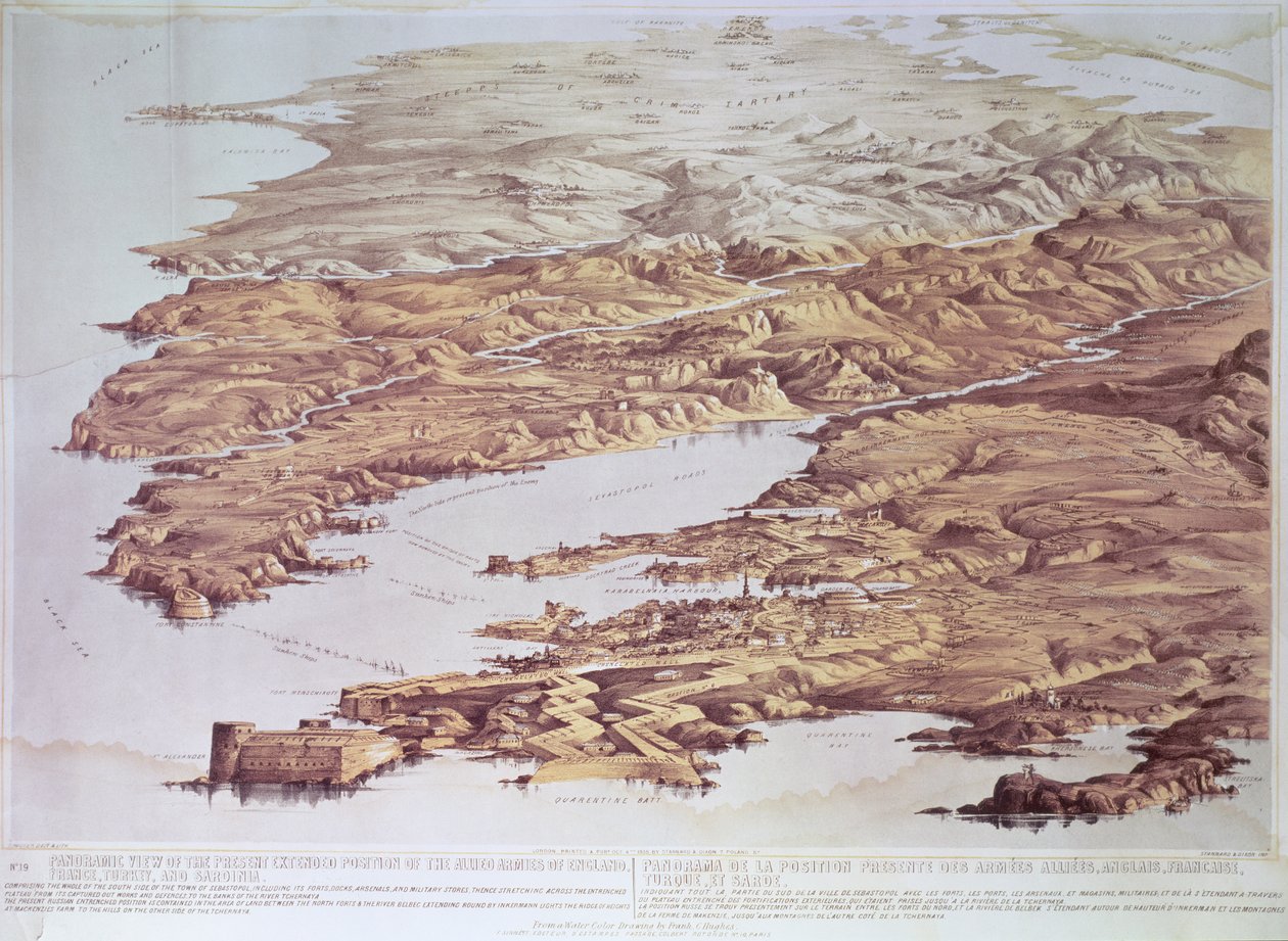 Panoramiczny widok na obecne rozszerzone stanowisko armii sprzymierzonych Anglii, Francji, Turcji i Sardynii z akwareli Franka C. Hughesa, wyd. autorstwa Stannarda i Dixona, 1855 autorstwa Thomas Packer
