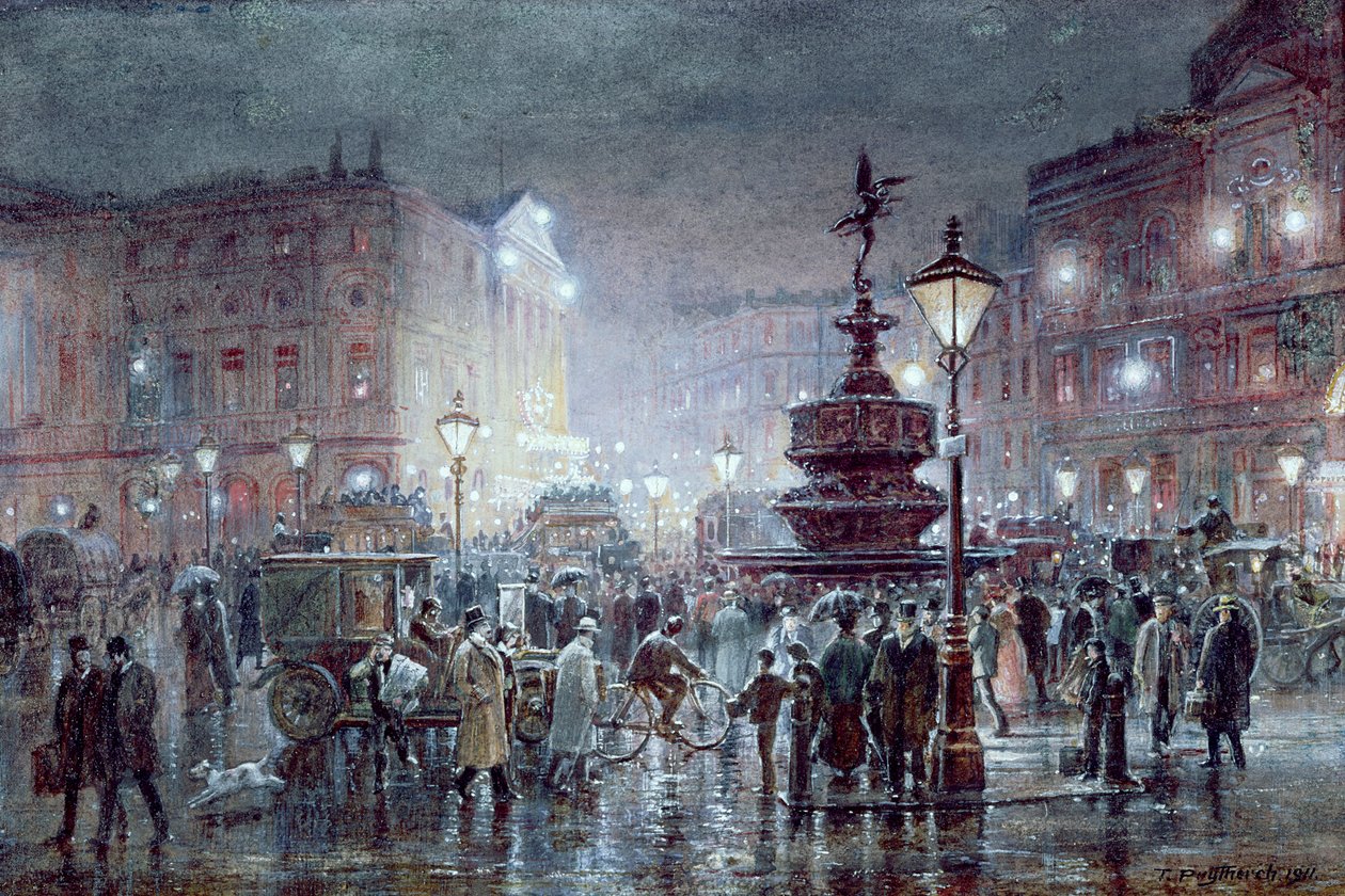 Piccadilly Circus nocą, 1911 (toaleta i gwasz na papierze) autorstwa Thomas Prytherch