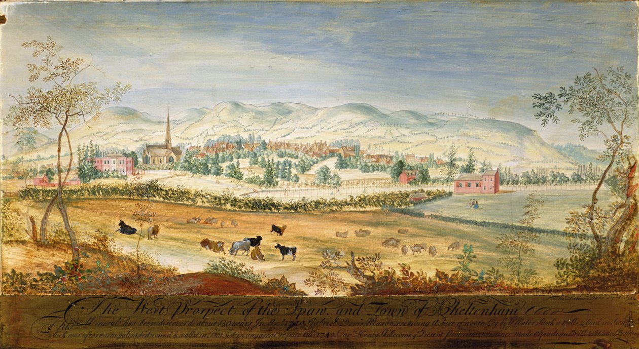 Zachodnia perspektywa uzdrowiska i miasta Cheltenham, 1748 autorstwa Thomas Robins