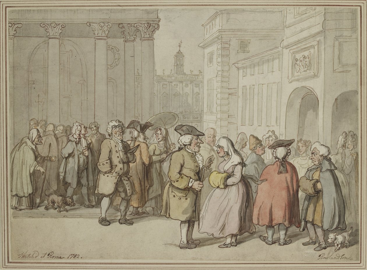 Grupa naszkicowana w Rzymie (piórem i czerwono-brązowym tuszem i akwarelą nad oznaczeniami grafitowymi) autorstwa Thomas Rowlandson
