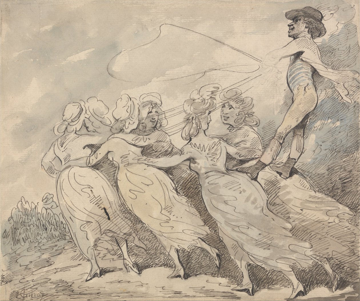 Mężczyzna prowadzący zespół sześciu dziewczyn autorstwa Thomas Rowlandson