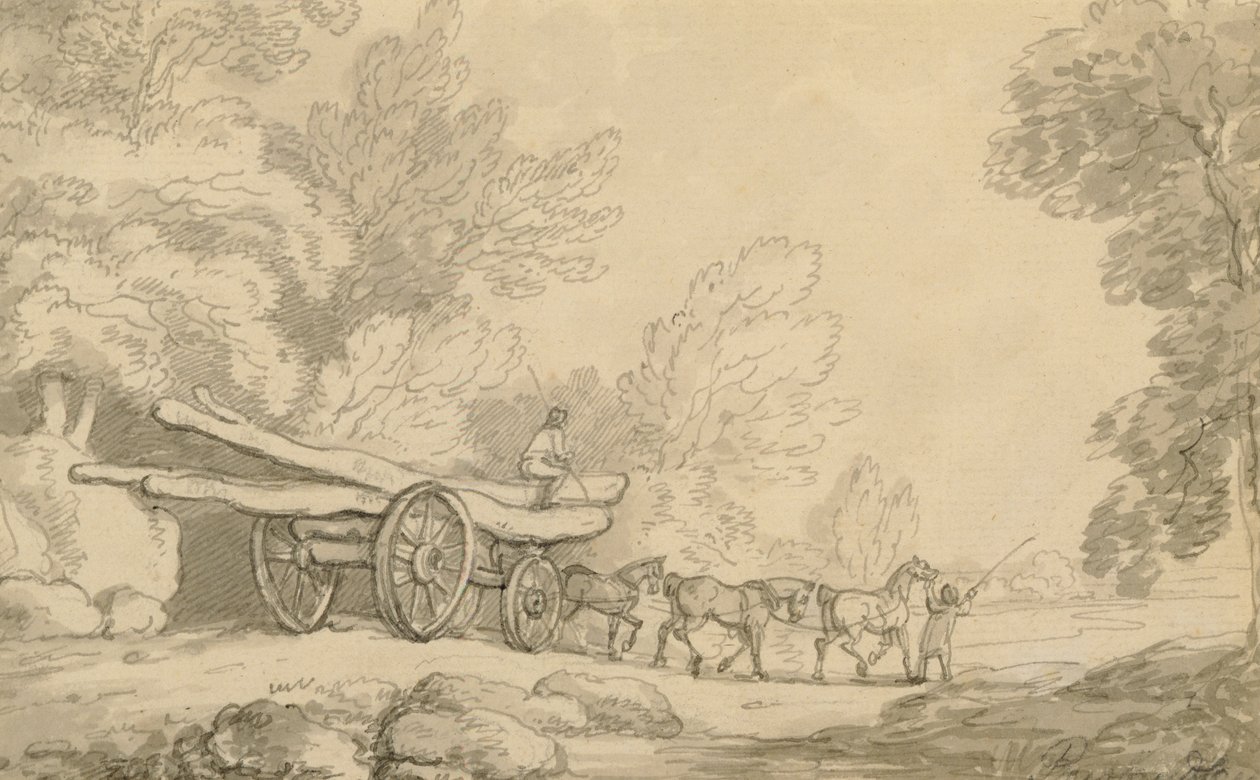 Wagon drzewny, ok. 1790 (pióro i atrament z nalotem na graficie na papierze) autorstwa Thomas Rowlandson