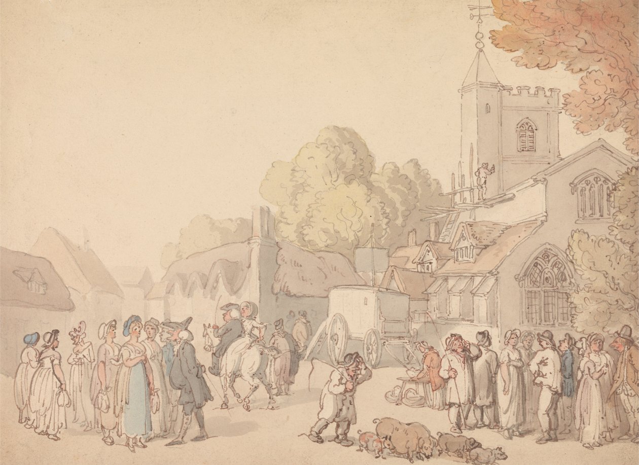 Scena wiejska poza kościołem autorstwa Thomas Rowlandson