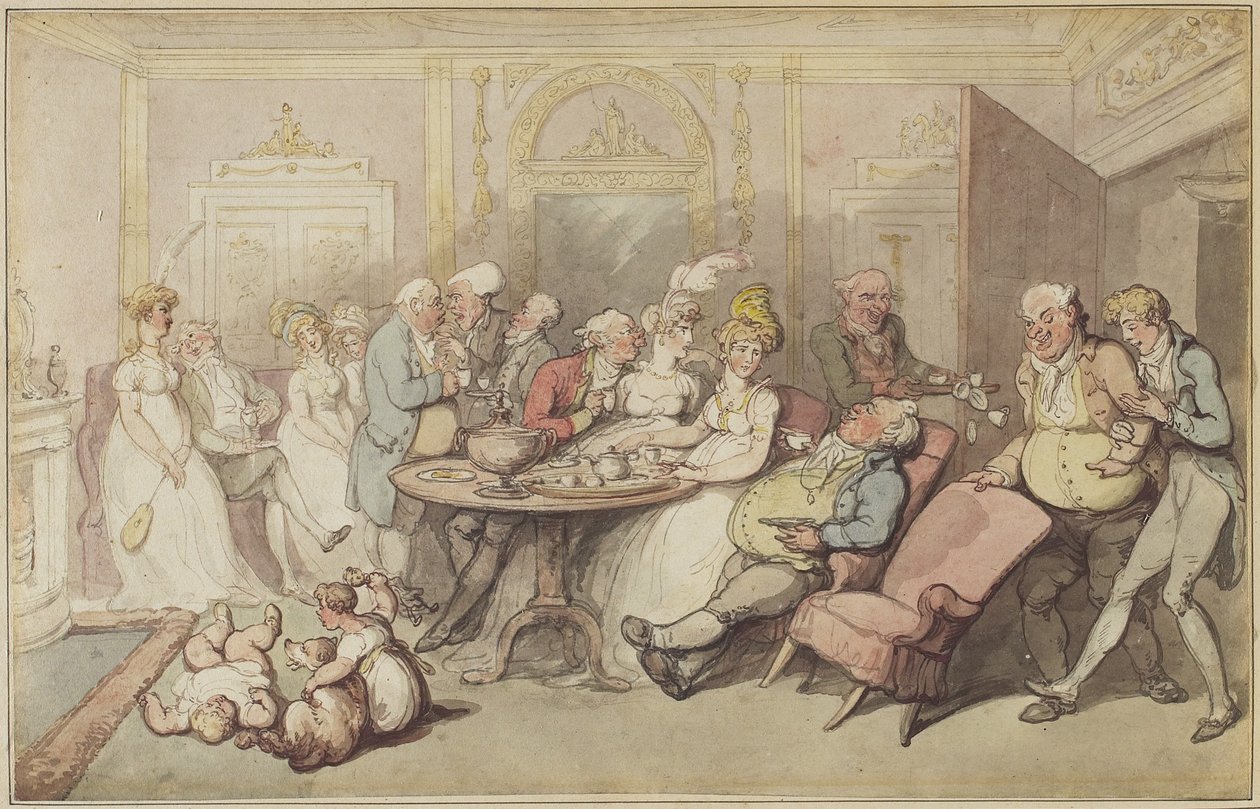 After Dinner, ok. 1805 (pióro i brąz, cynober i szary atrament oraz toaleta nad grafitem na tkanym papierze na oryginalnym uchwycie z ręcznie rysowaną ramką) autorstwa Thomas Rowlandson