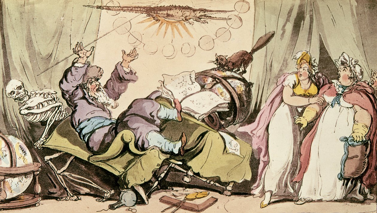 Wszystkie losy, które mu przyrzekł, były znane, a jednak nie mógł opowiedzieć własnego, karykatury wróżki, pubu. przez R. Ackermanna, 1815 autorstwa Thomas Rowlandson
