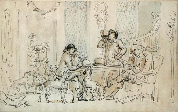 Śniadanie przed polowaniem, ok. 1785-90 (pióro i atrament z brązowym i niebieskim przemyciem na papierze) autorstwa Thomas Rowlandson