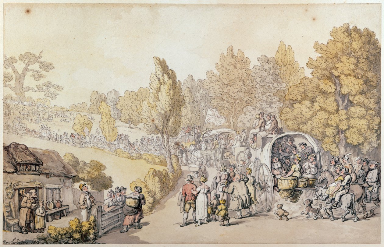 Karykatura przedstawiająca wieśniaków wyjeżdżających do miasta, 1818 r. (rycina ręcznie kolorowana) autorstwa Thomas Rowlandson