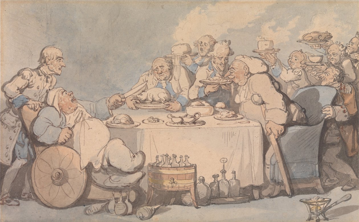 Komfort kąpieli - Gouty Gourmands na kolację? autorstwa Thomas Rowlandson