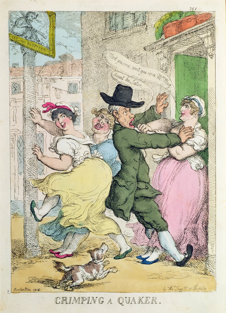 „Zaciskanie kwakiera” z magazynu Karykatury Tegga, tom IV, 1814 autorstwa Thomas Rowlandson