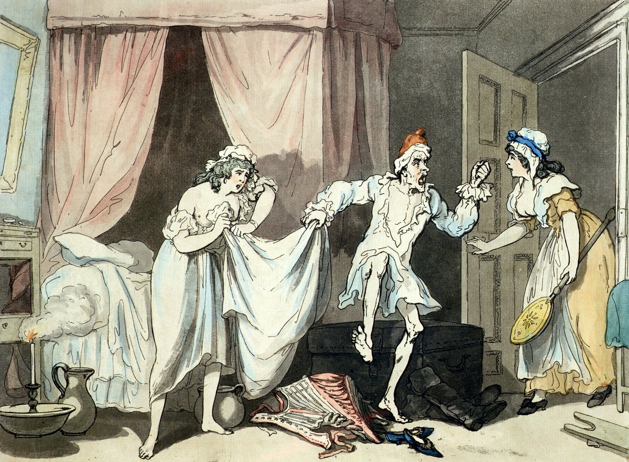 Damp Sheets, akwatinta autorstwa Thomasa Maltona (1748-1804), wyd. 1791 (akwaforta barwna z akwatintą) autorstwa Thomas Rowlandson