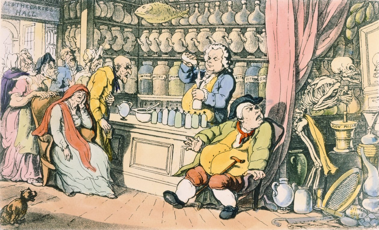 „Death and the Apothecary” lub „The Quack Doctor”, ilustracja z „The English Dance of Death”, wyd. R. Ackermann, Londyn 1815-17 (akwaforta kolorowa) autorstwa Thomas Rowlandson