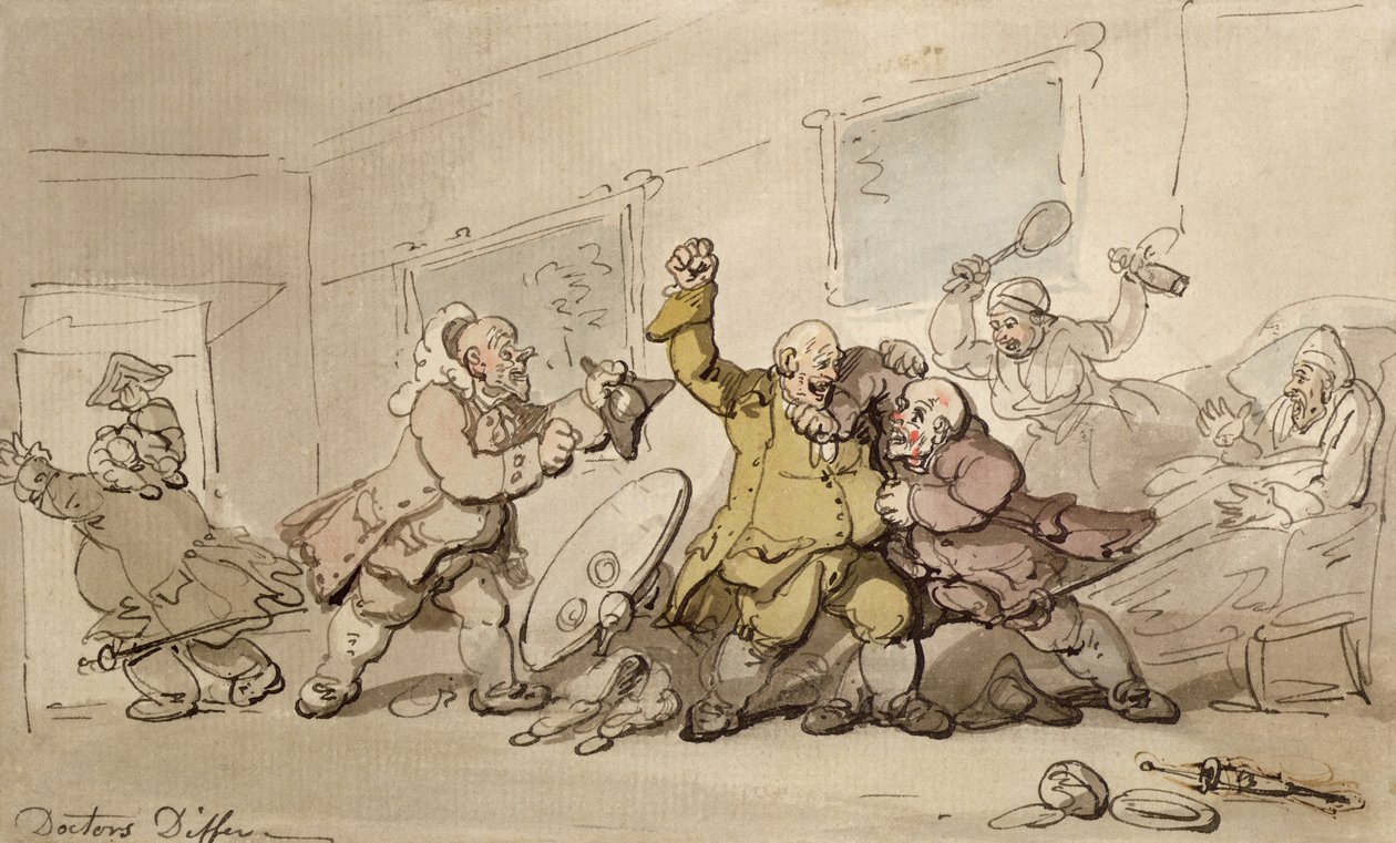 Lekarze różnią się (pióro i atrament i wc na papierze) autorstwa Thomas Rowlandson