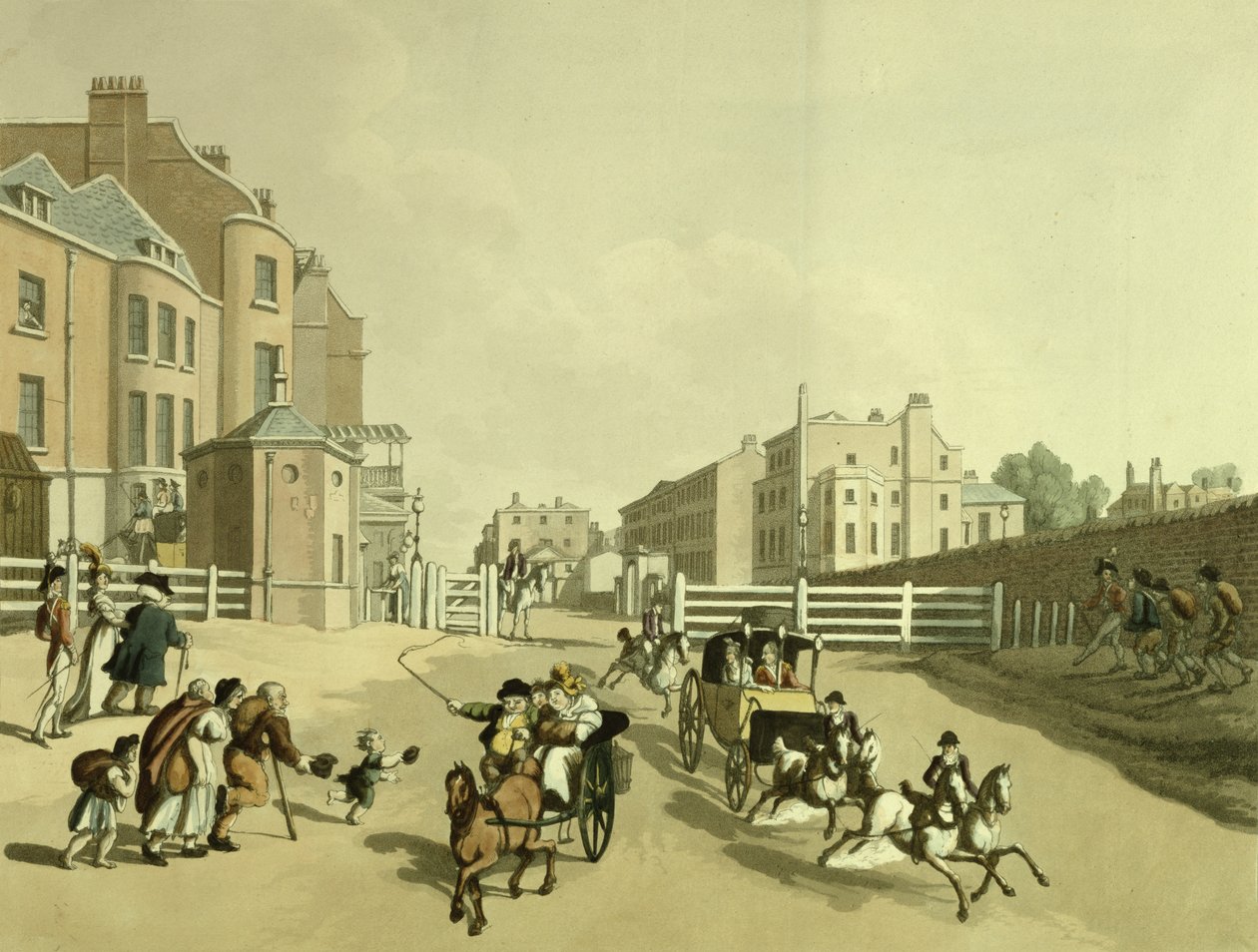 Wejście na Oxford Street przy Tyburn Turnpike z widokiem na Park Lane, 1798 autorstwa Thomas Rowlandson