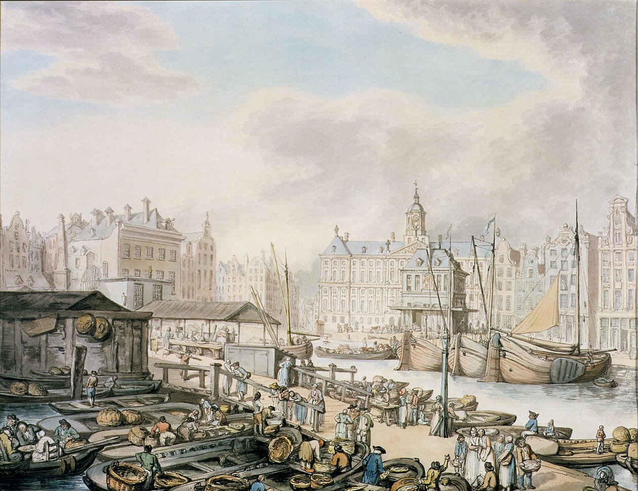 Tama Feyge i część targu rybnego, Amsterdam, ok. 1794 (pióro i atrament z toaletą na papierze) autorstwa Thomas Rowlandson