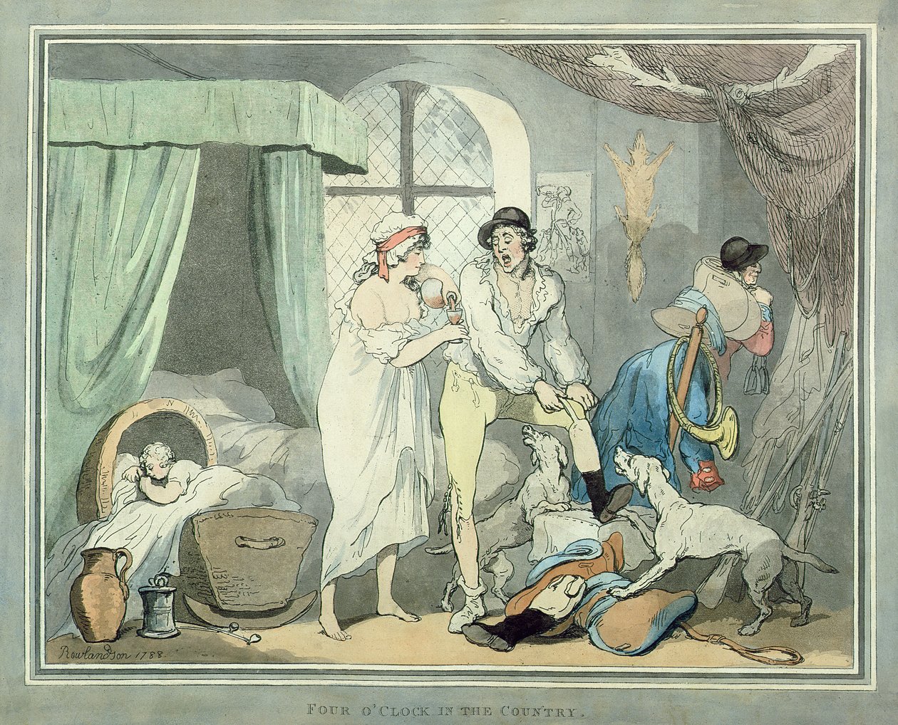Czwarta na wsi, pub. 1788 (kolorowa akwaforta z akwatintą) (para 125720) autorstwa Thomas Rowlandson