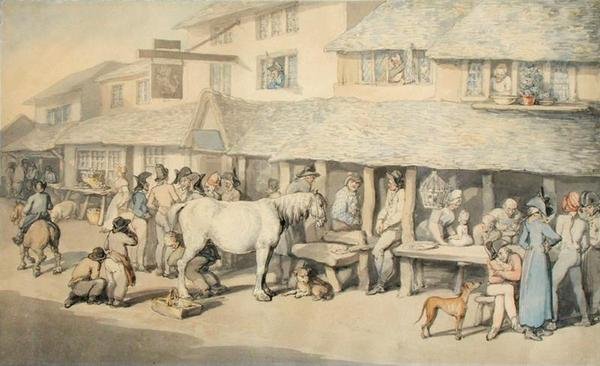 Francuscy więźniowie na zwolnieniu warunkowym w Bodmin, Kornwalia, 1795 (pióro i atrament oraz toaleta na papierze) autorstwa Thomas Rowlandson