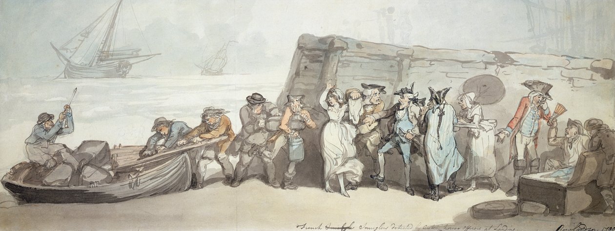 Francuscy przemytnicy wykryci przez funkcjonariuszy urzędu celnego przy lądowaniu, 1790 (pióro i atrament, toaleta i pranie atramentu na papierze) autorstwa Thomas Rowlandson
