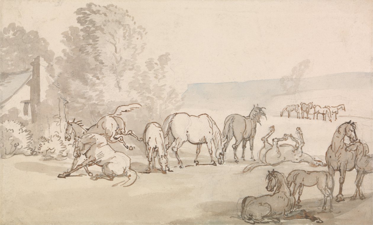Klacze i źrebięta na polu autorstwa Thomas Rowlandson