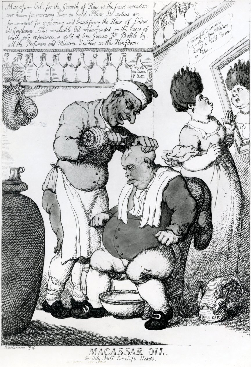 Massacar Oil, oleisty ptyczek do miękkich głów, 1814 autorstwa Thomas Rowlandson