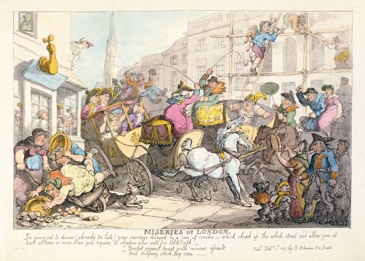 Miseries of London: Pierś przy piersi z rujnującym atakiem i śmiertelnym szokiem nadchodzą, pub. przez Ackermanna, 1807 autorstwa Thomas Rowlandson