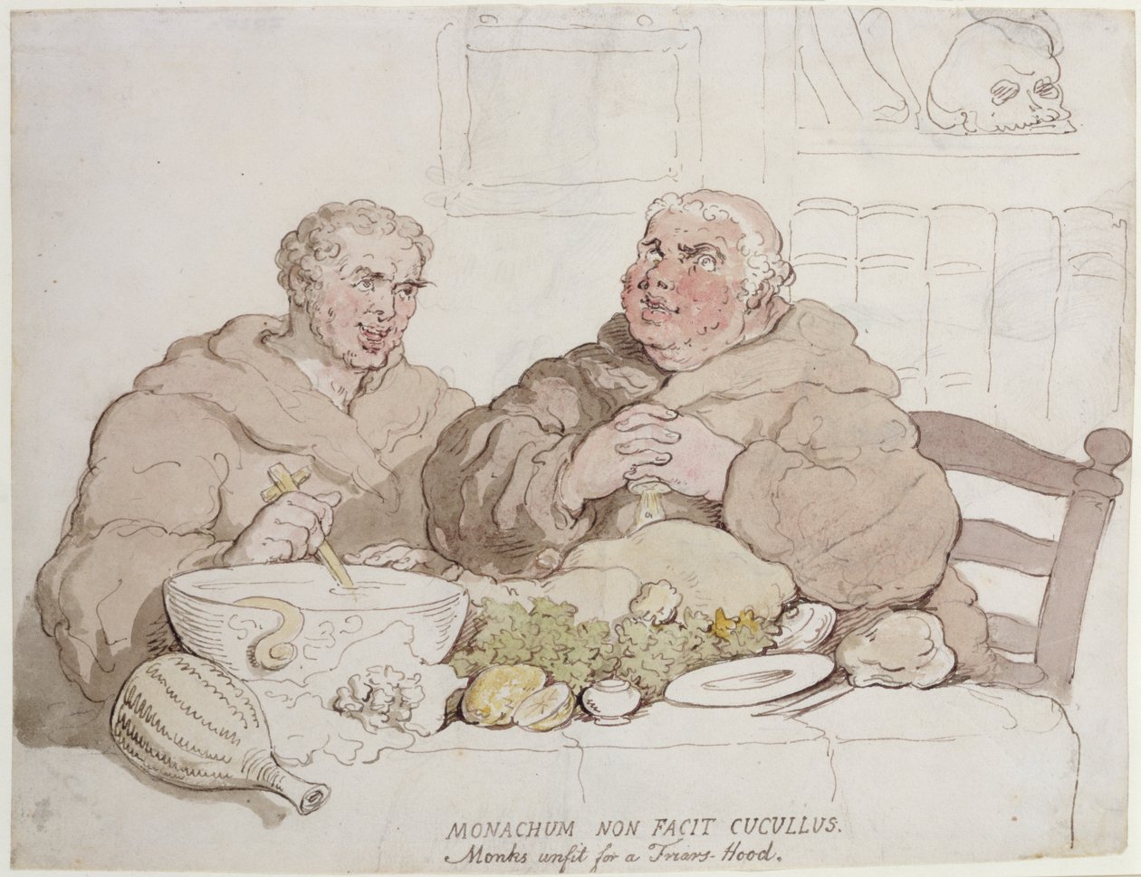 Mnisi nienadający się na kaptur braci (pióro i atrament oraz toaleta na papierze) autorstwa Thomas Rowlandson