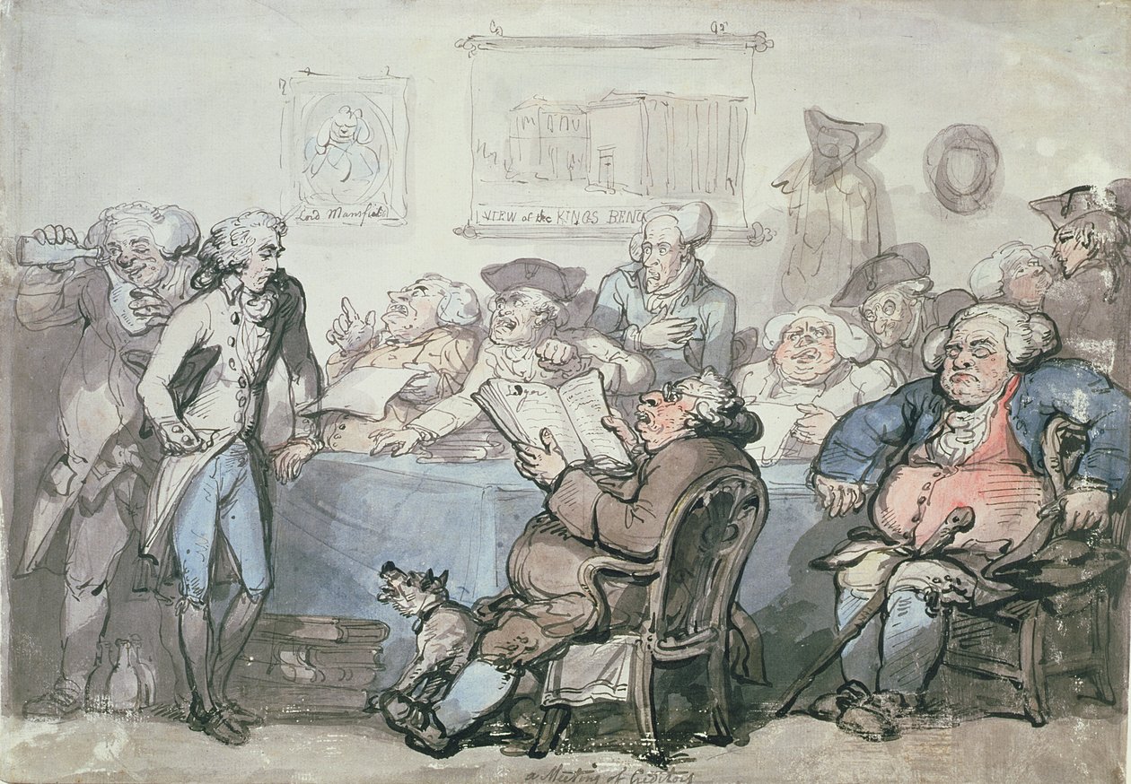 No.1744 Spotkanie wierzycieli (pióro, atrament i toaleta na papierze) autorstwa Thomas Rowlandson