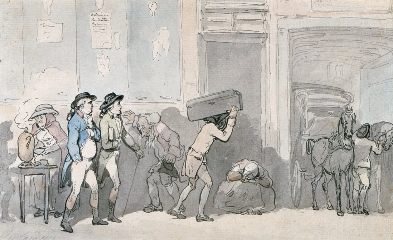 Rowlandson i Wigstead (1745-93) Przybycie do gospody (długopis i szary atrament i toaleta na papierze) autorstwa Thomas Rowlandson