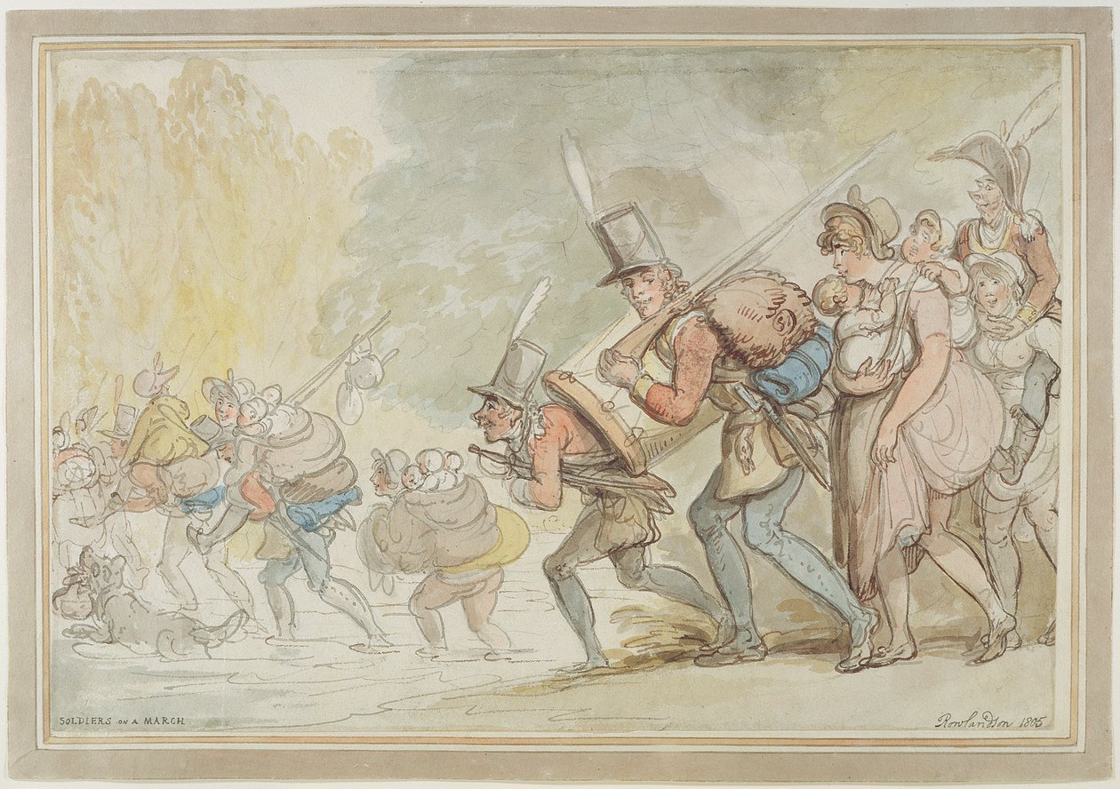 Kareiviai ant 1805 m. kovo mėnesio (rašiklis, rašalas ir akvarelė ant popieriaus) poli autorstwa Thomas Rowlandson