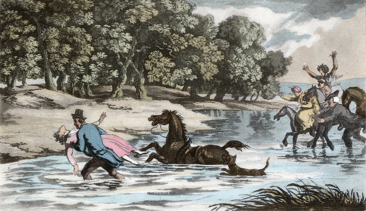 Sophia uratowana z wody, ilustracja z „Wikariusza Wakefielda” Olivera Goldsmitha, wyd. Ackermann, 1817 (akwatinta ręcznie kolorowana) autorstwa Thomas Rowlandson