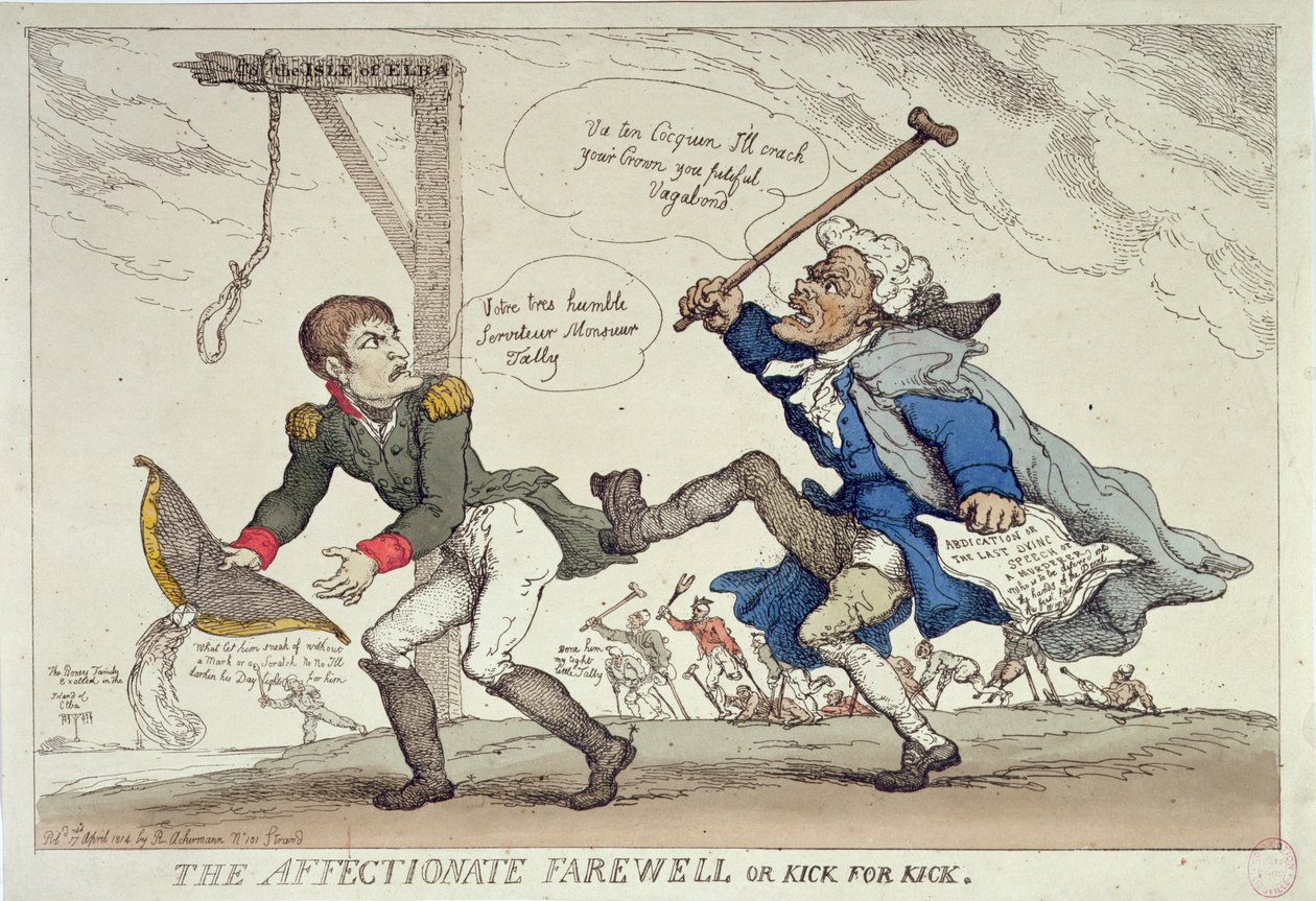 The Affectionate Farewell or, Kick for Kick, wyd. R. Ackermann, 17 kwietnia 1814 autorstwa Thomas Rowlandson