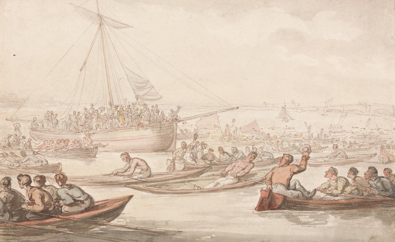 Coroczny wyścig rumplowania o płaszcz i odznakę Doggettów autorstwa Thomas Rowlandson
