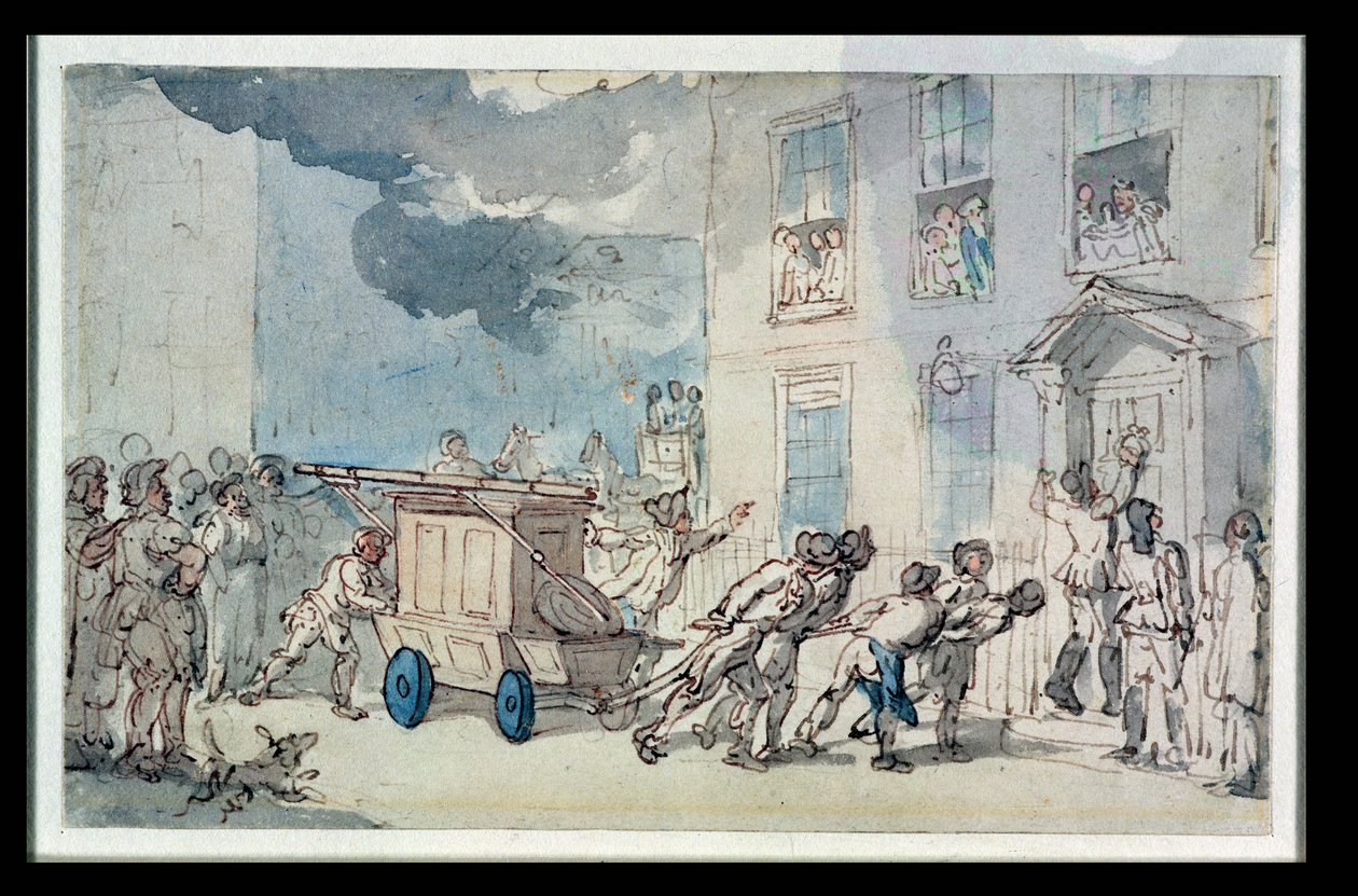 Przybycie wozu strażackiego (toaleta, długopis i atrament, ołówek i pastel na papierze) autorstwa Thomas Rowlandson