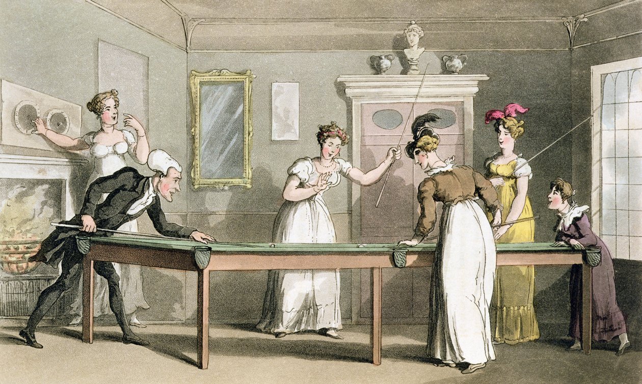 Stół bilardowy, z „The Tour of Dr Syntax in search of the Picturesque”, William Combe, opublikowany w 1812 r. (akwatinta) autorstwa Thomas Rowlandson