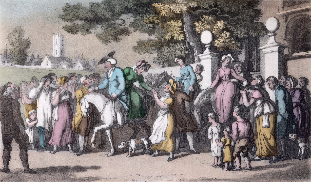 Wyjazd z Wakefield, ilustracja z „Wikariusza Wakefielda” Olivera Goldsmitha, wyd. Ackermann, 1817 (akwatinta ręcznie kolorowana) autorstwa Thomas Rowlandson