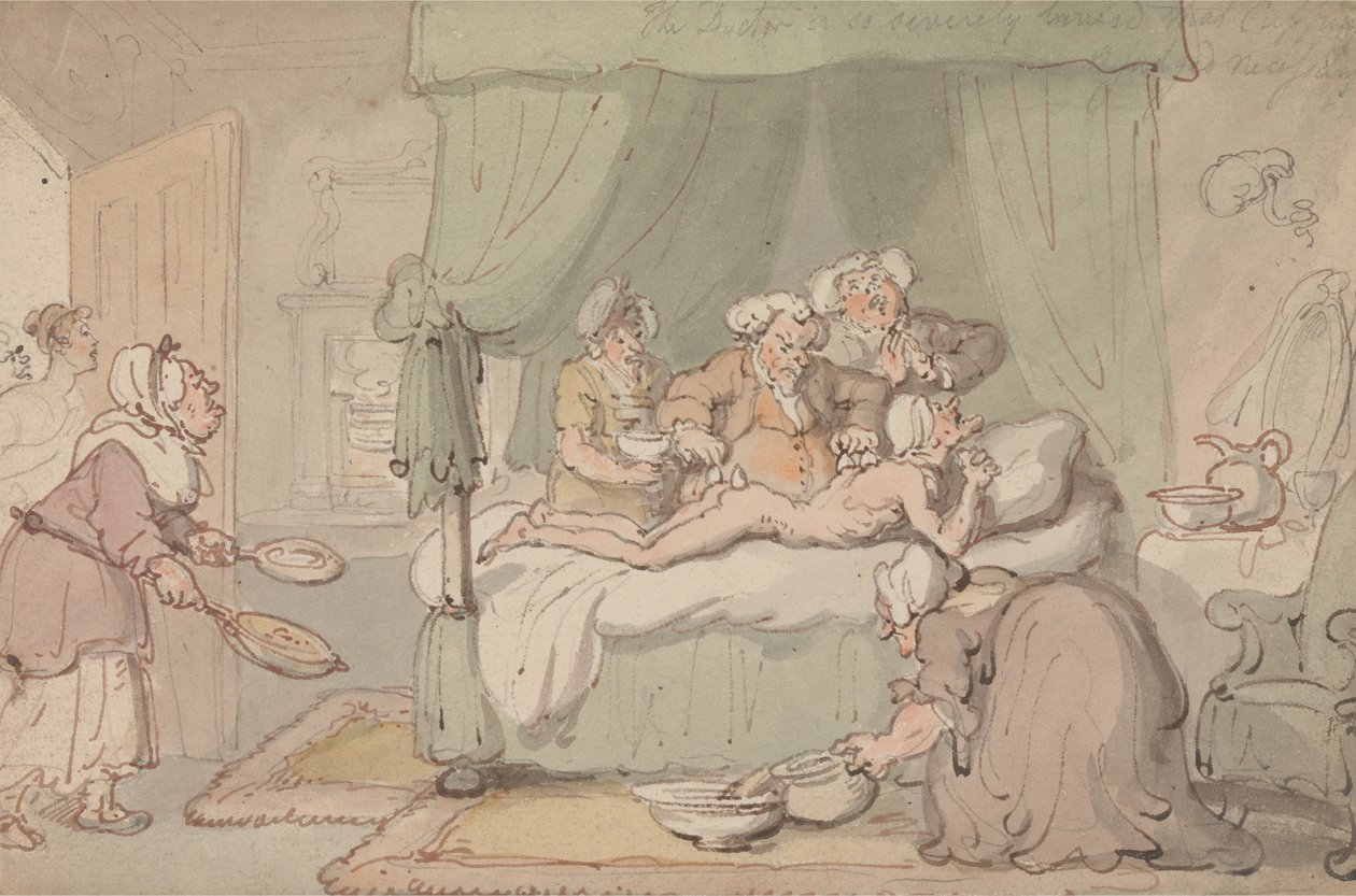 Doktor jest tak mocno posiniaczony, że stawianie baniek jest uważane za konieczne autorstwa Thomas Rowlandson