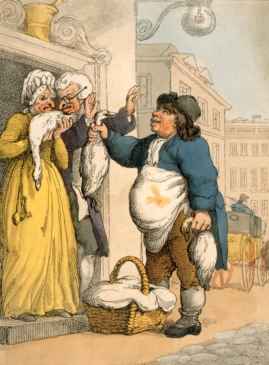 Sprzedawca gęsi, tablica nr 2 z „Cries of London” Ackermanna, 1799 (akwatinta kolorowa) autorstwa Thomas Rowlandson