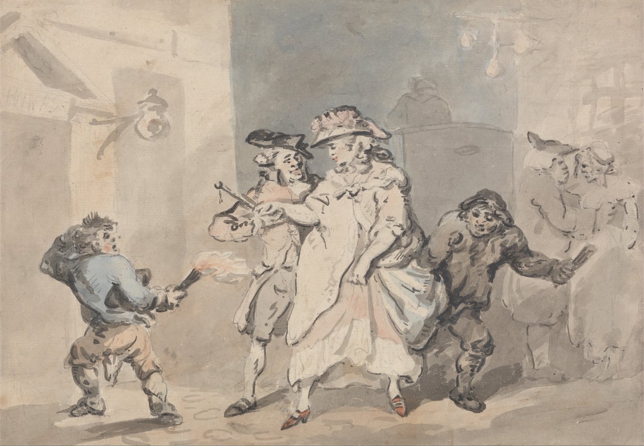The Inn Door (Mężczyzna eskortowany przez dwóch chłopców z linków do drzwi po lewej) autorstwa Thomas Rowlandson
