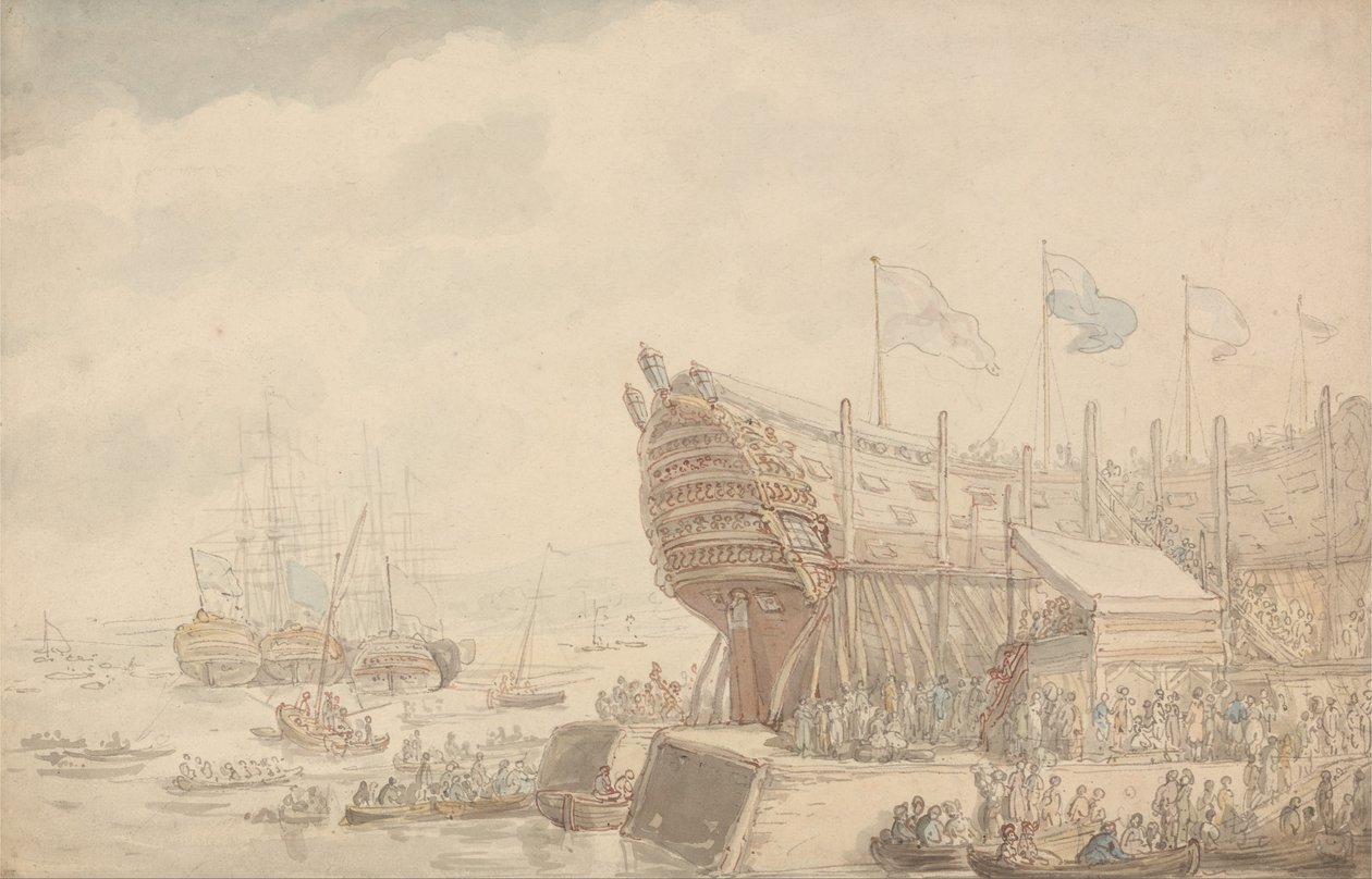 Uruchomienie H.M.S. Hibernia 1804 autorstwa Thomas Rowlandson