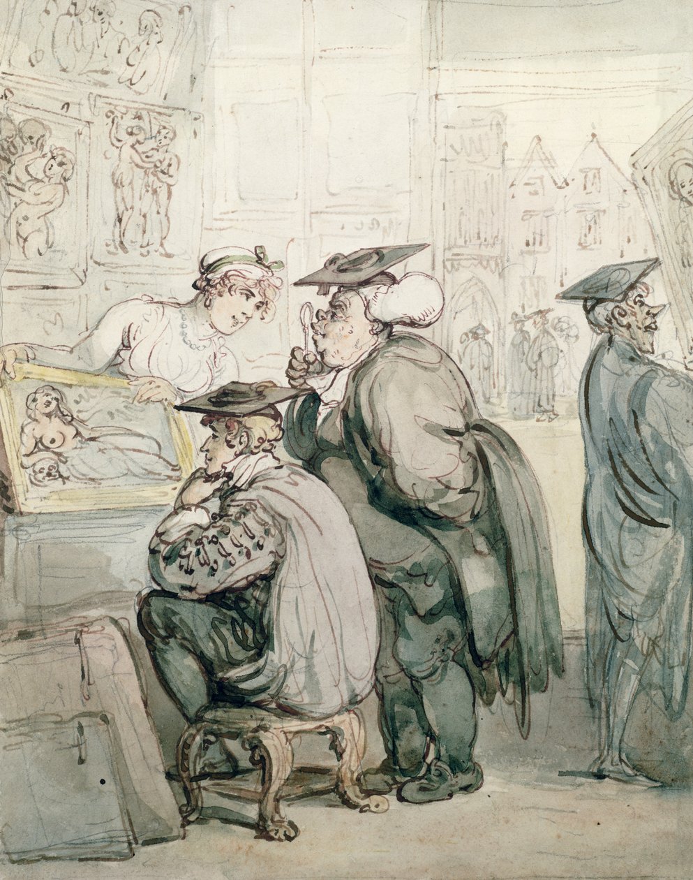 The Lounge at the Old Print Shop, Oxford (tusz i wc na papierze) autorstwa Thomas Rowlandson