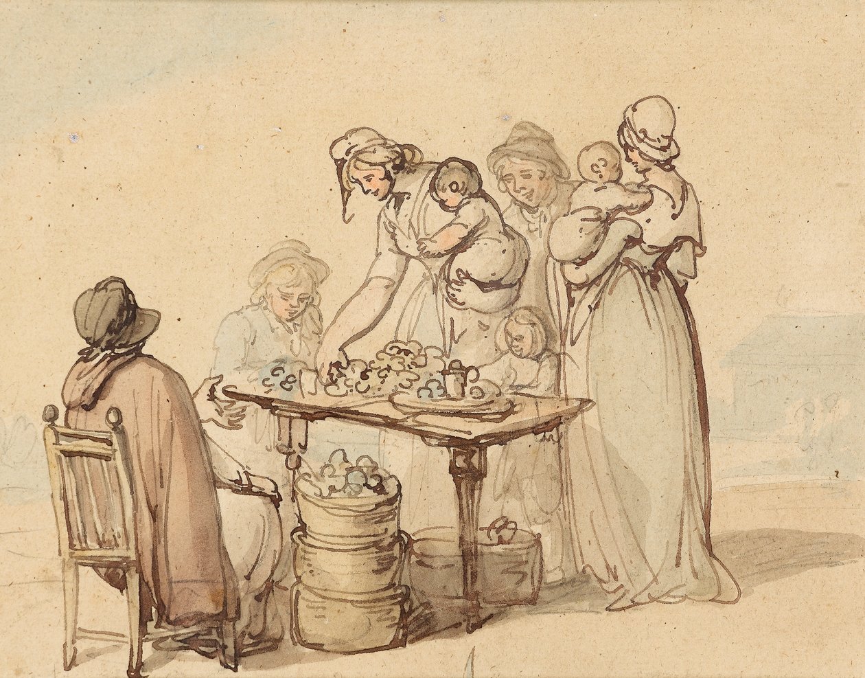 Stoisko Oyster (pióro i brązowy tusz z praniem na papierze) autorstwa Thomas Rowlandson