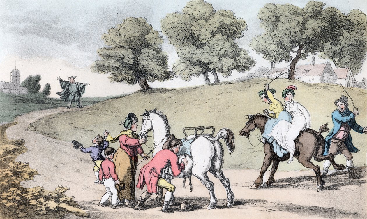 Rodzina wikariusza w drodze do kościoła, ilustracja z „Wikariusza z Wakefield” Olivera Goldsmitha, wyd. Ackermann, 1817 (akwatinta ręcznie kolorowana) autorstwa Thomas Rowlandson